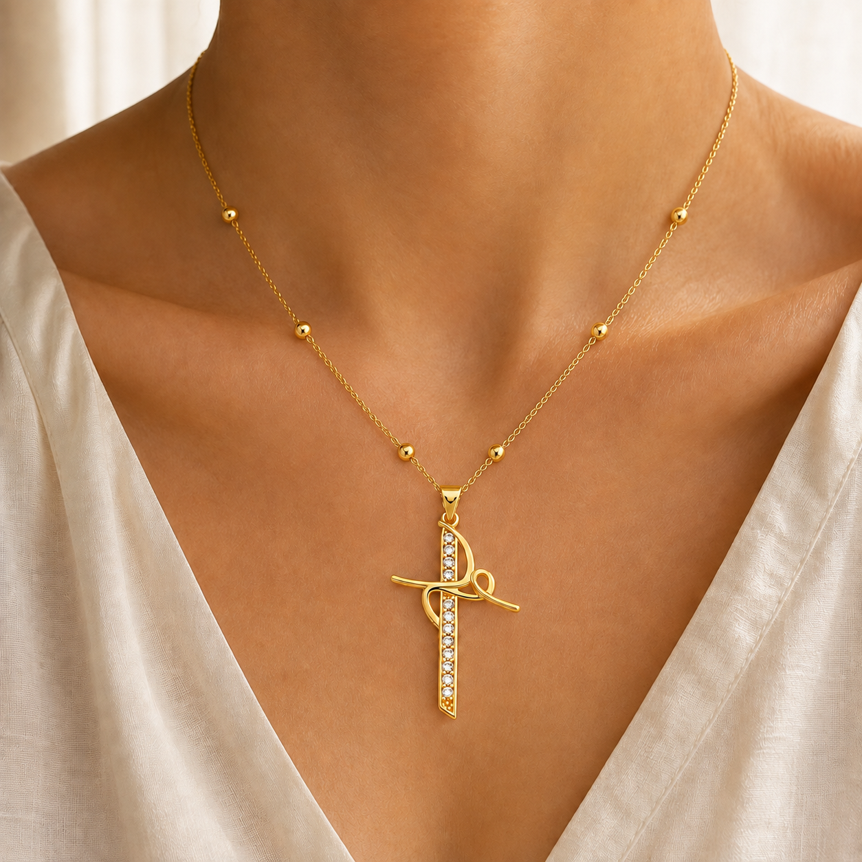 Gold religious necklace with glitter line cross and elegant design