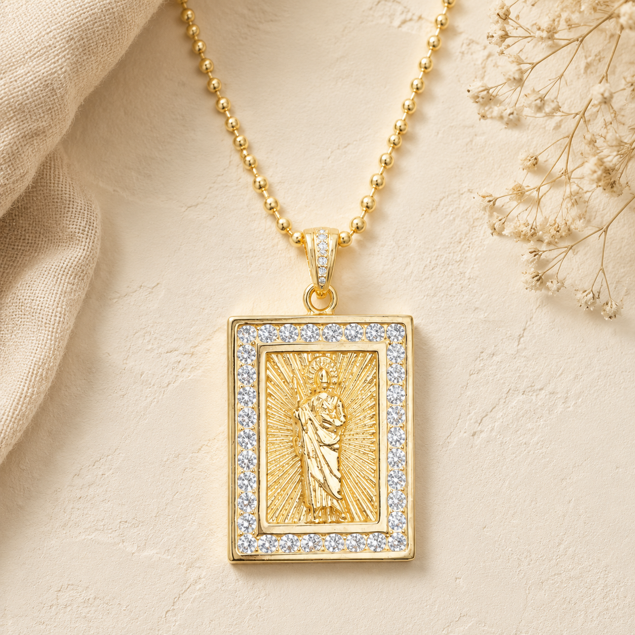 Gold necklace with Saint Jude in a rectangular frame with shine