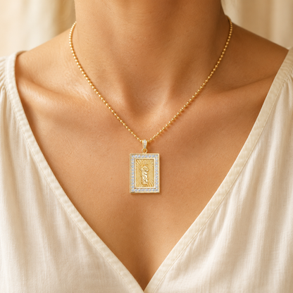 Gold necklace with Saint Jude in a rectangular frame with shine
