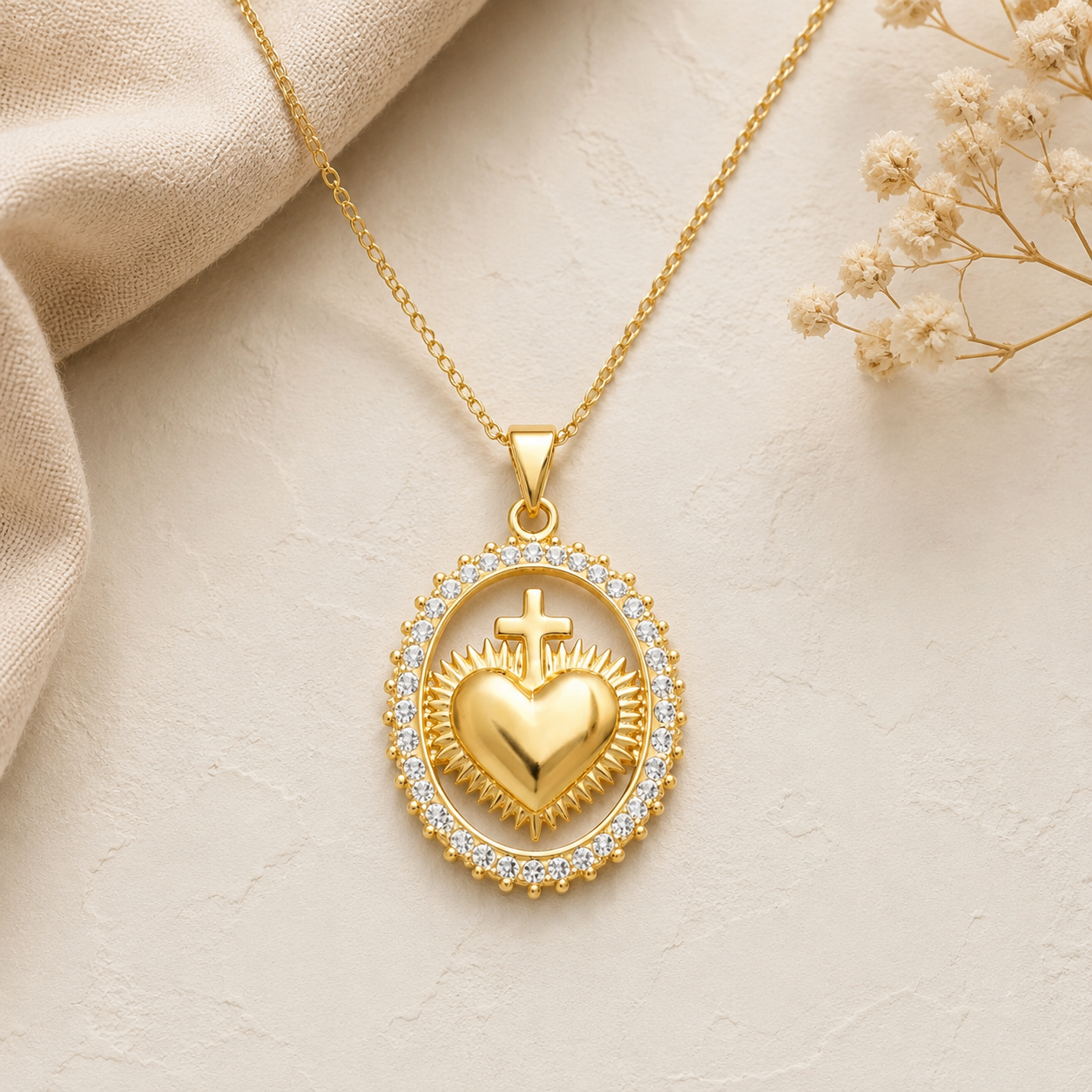 Gold necklace with Sacred Heart and oval sparkle