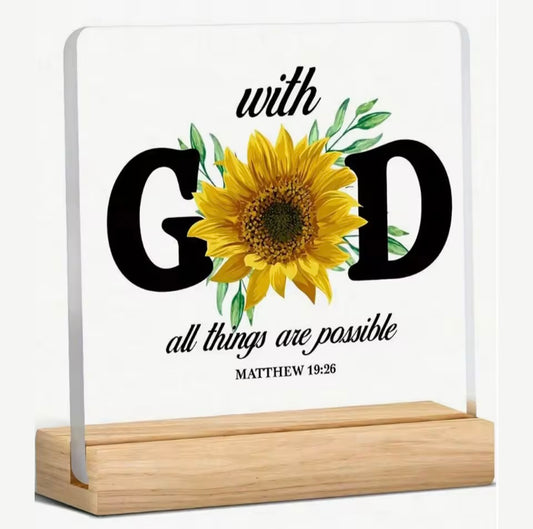 Placa decorativa acrílica con girasol y cita bíblica – “Con Dios todo es posible”