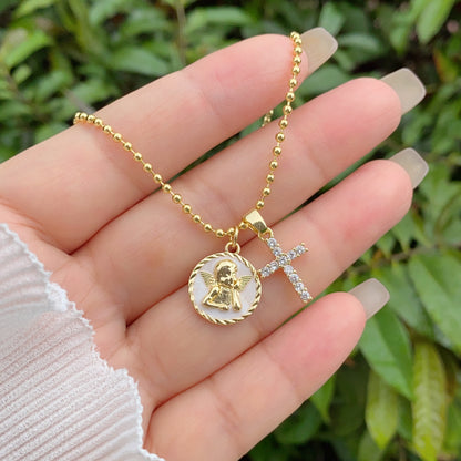 Religious necklace angel and cross in gold-plated stainless steel 