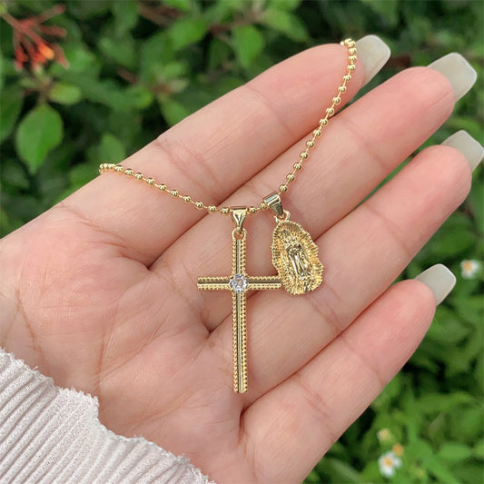 Collar cruz y Virgen de Guadalupe en acero dorado